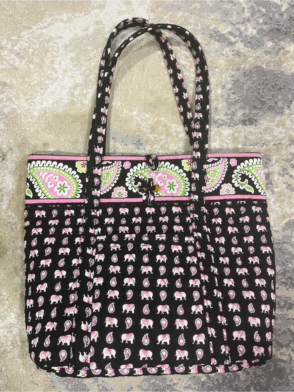 Vera Bradley Quilted Black and Pink Paisley Tote Bag with Elephant Print